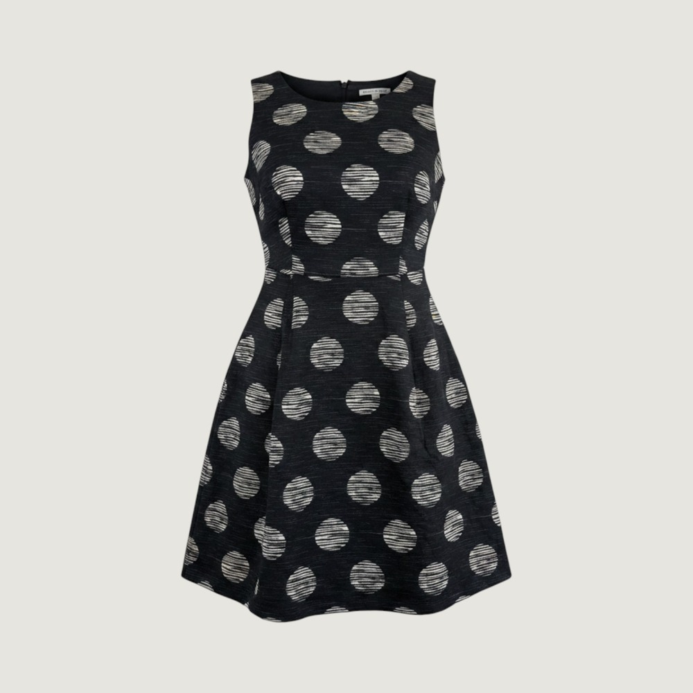 Banana Republic‎ Petite 8P Black Polka Dot Linen Blend Fit Flare Dress Pocket